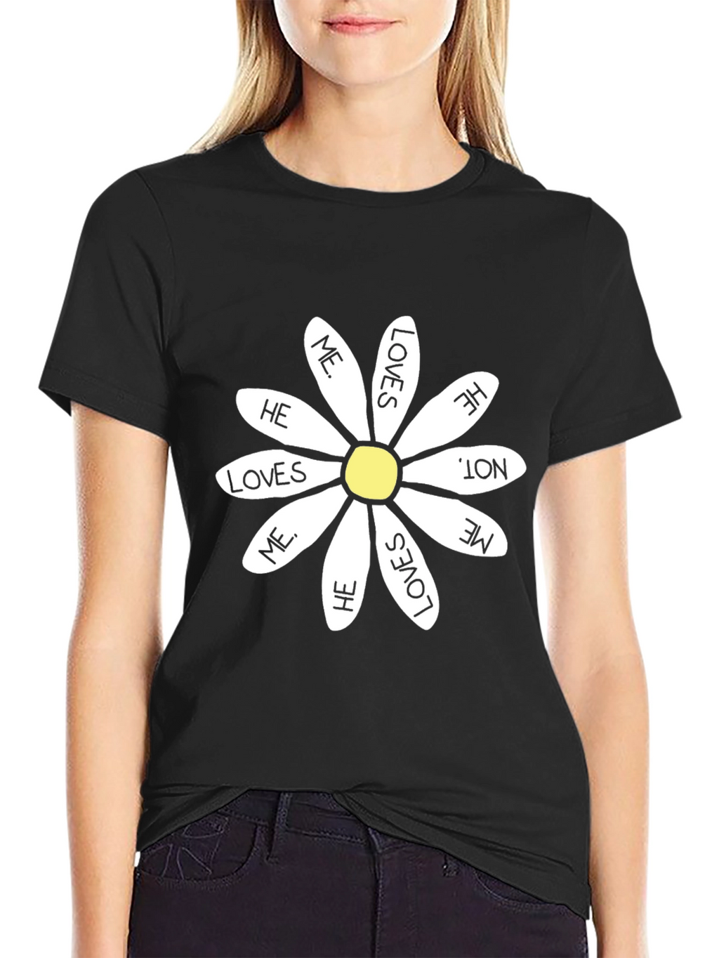 He Loves Me Daisy T-Shirt - Black Cotton Tee