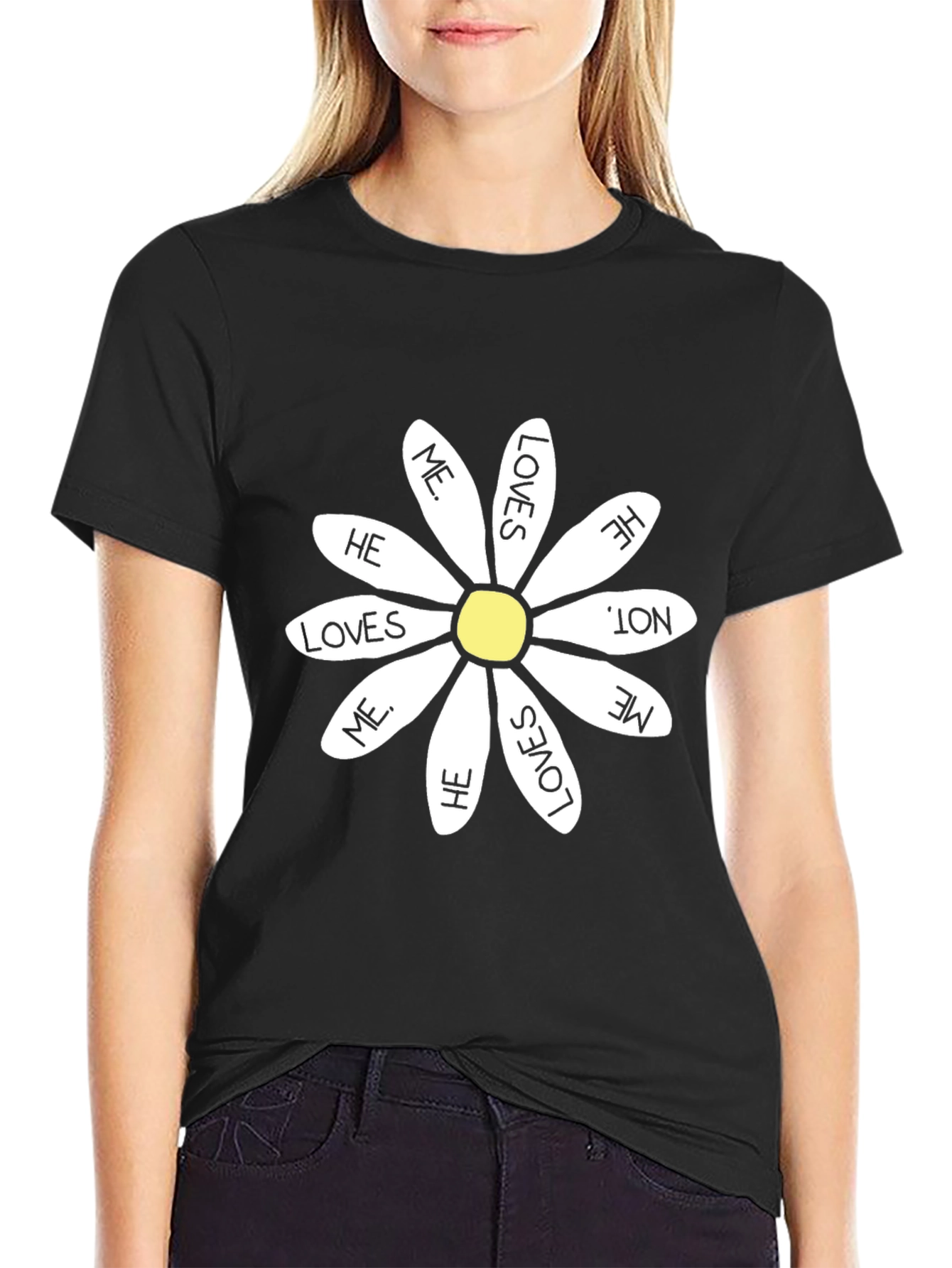 He Loves Me Daisy T-Shirt - Black Cotton Tee