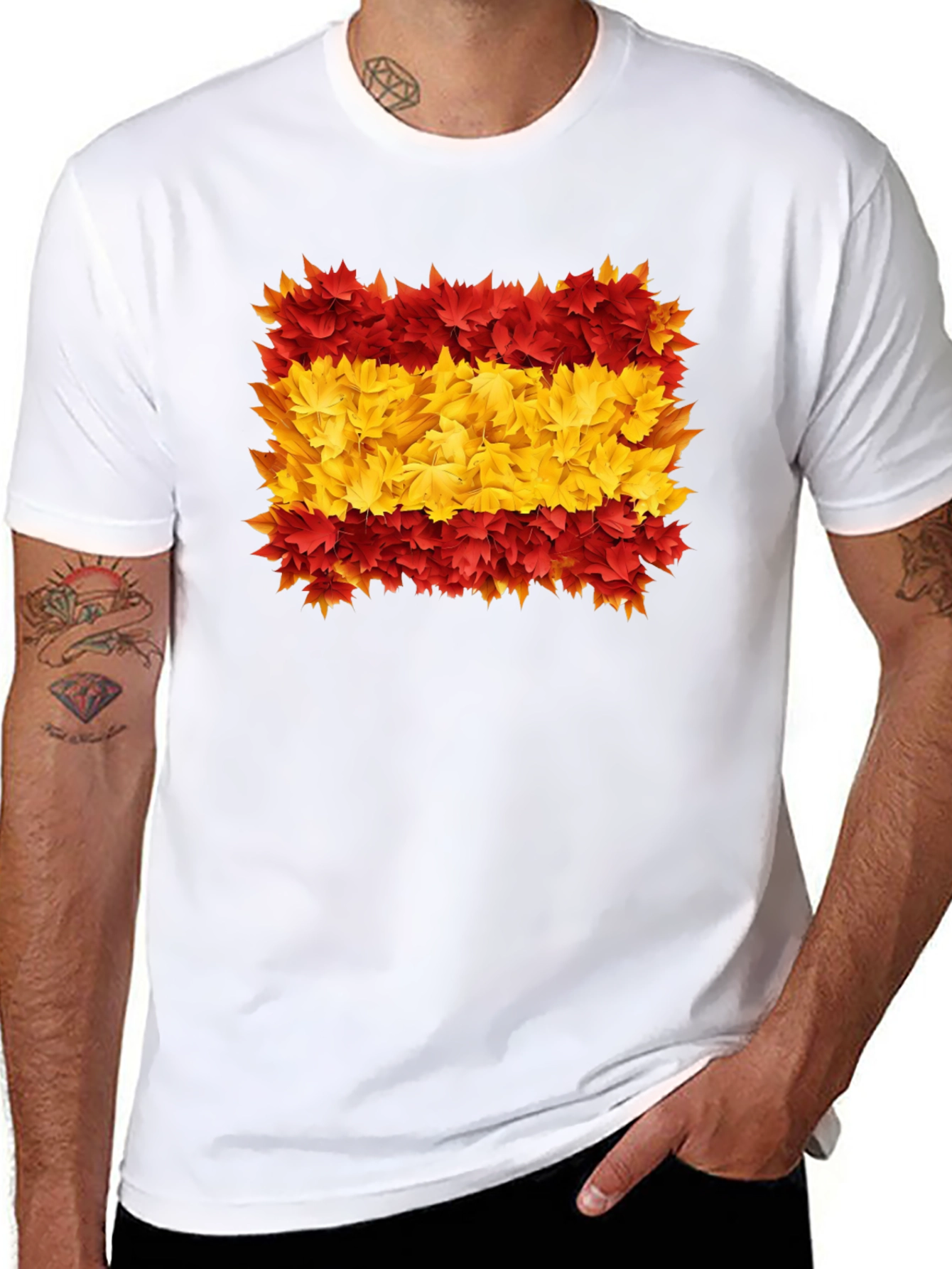 Spain Flag Leaves Mens Black T-Shirt
