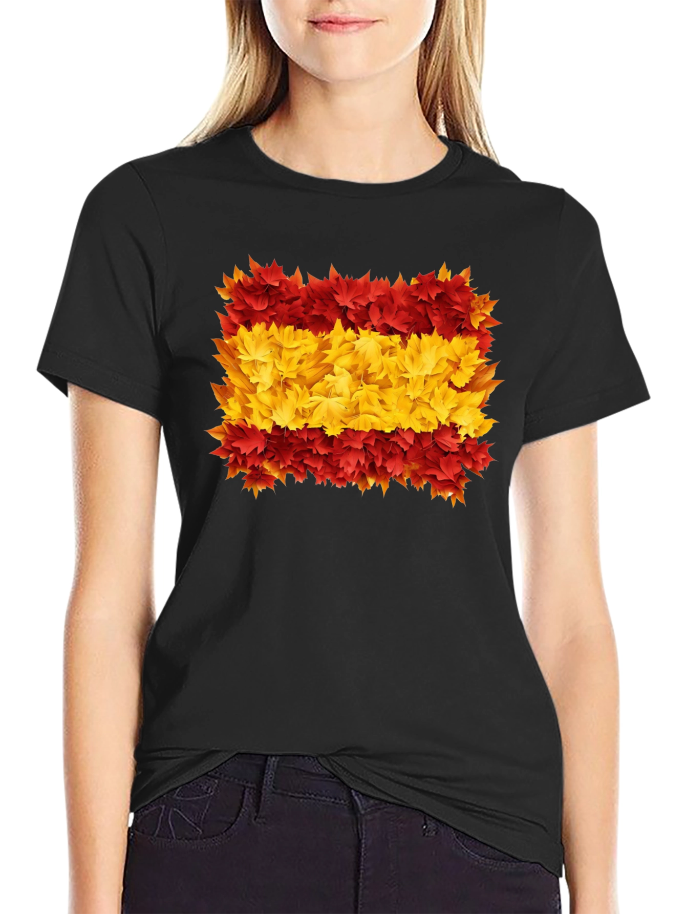 Spain Flag Leaves Mens Black T-Shirt