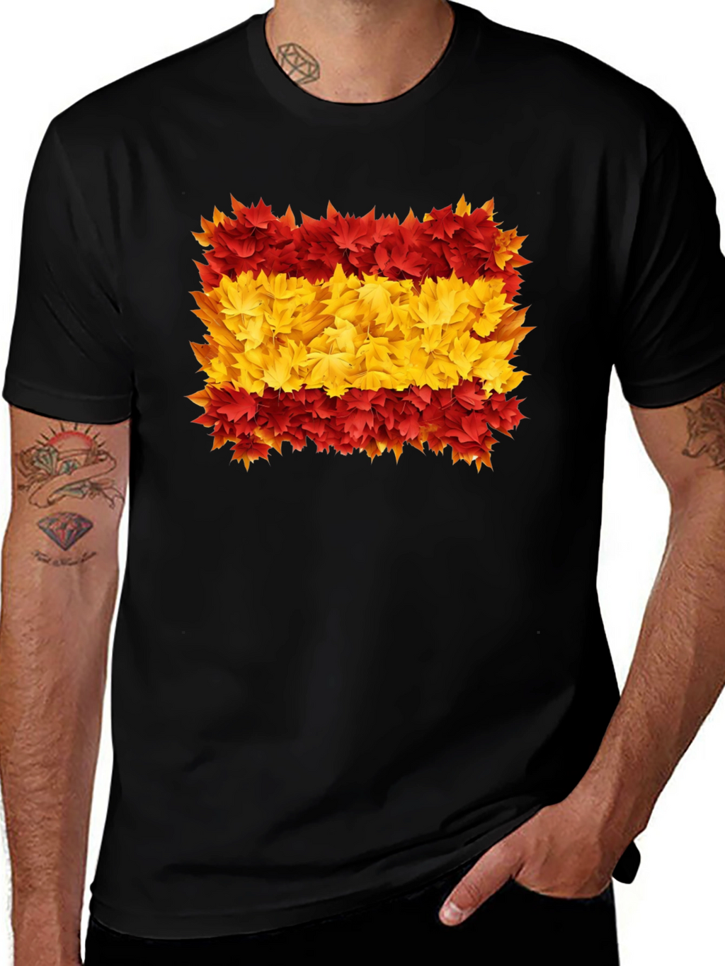 Spain Flag Leaves Mens Black T-Shirt