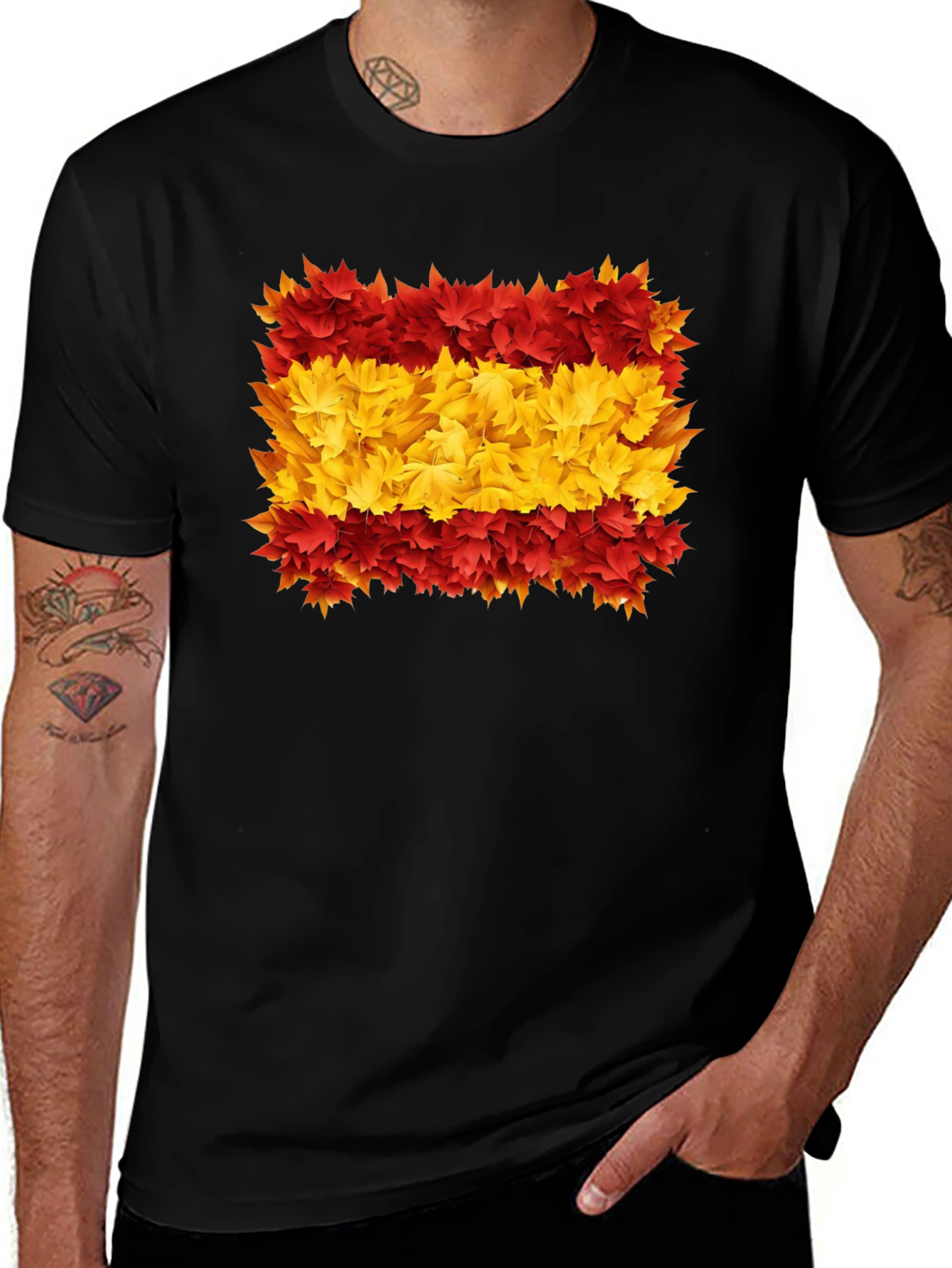 Spain Flag Leaves Mens Black T-Shirt