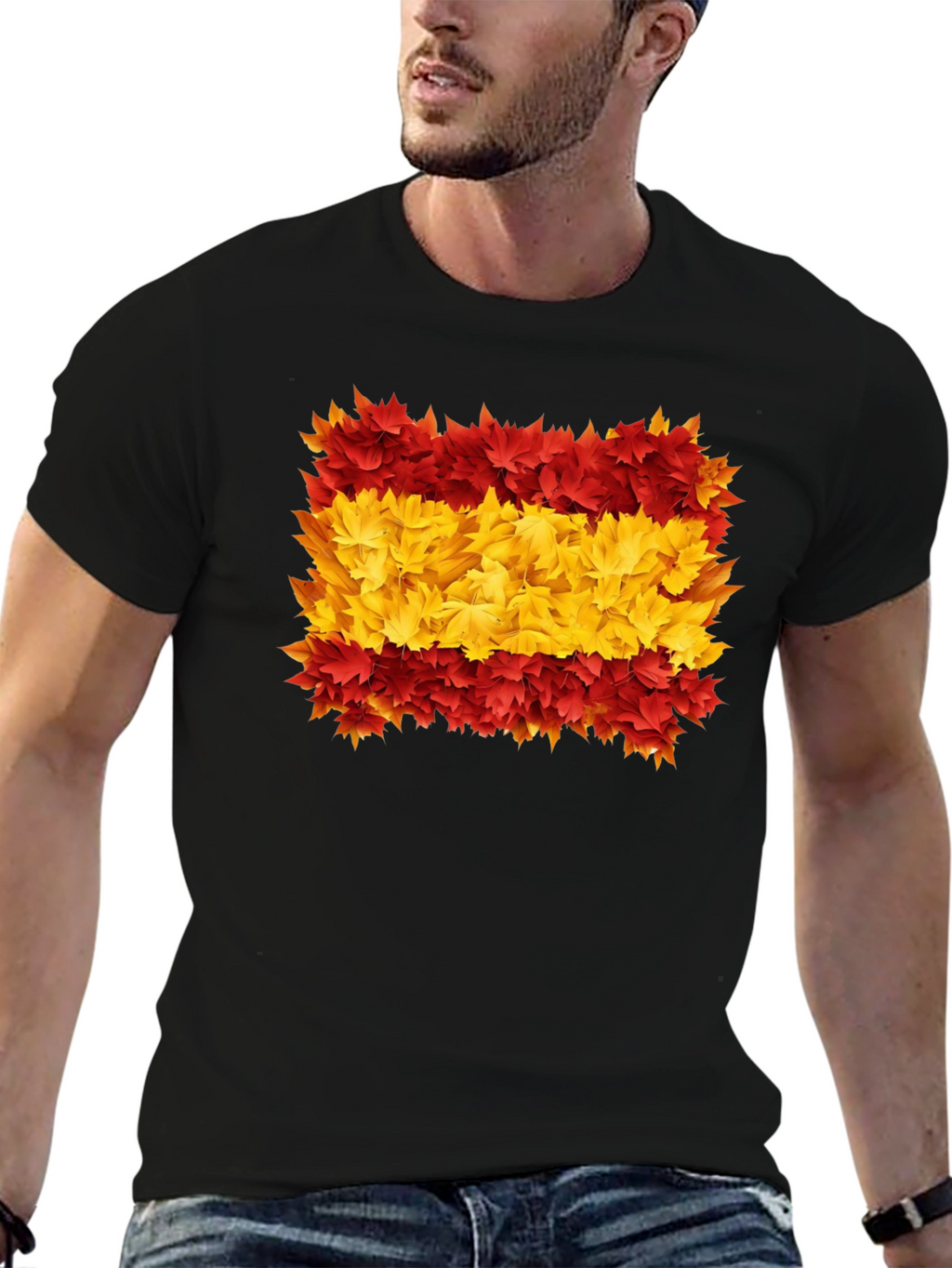Spain Flag Leaves Mens Black T-Shirt