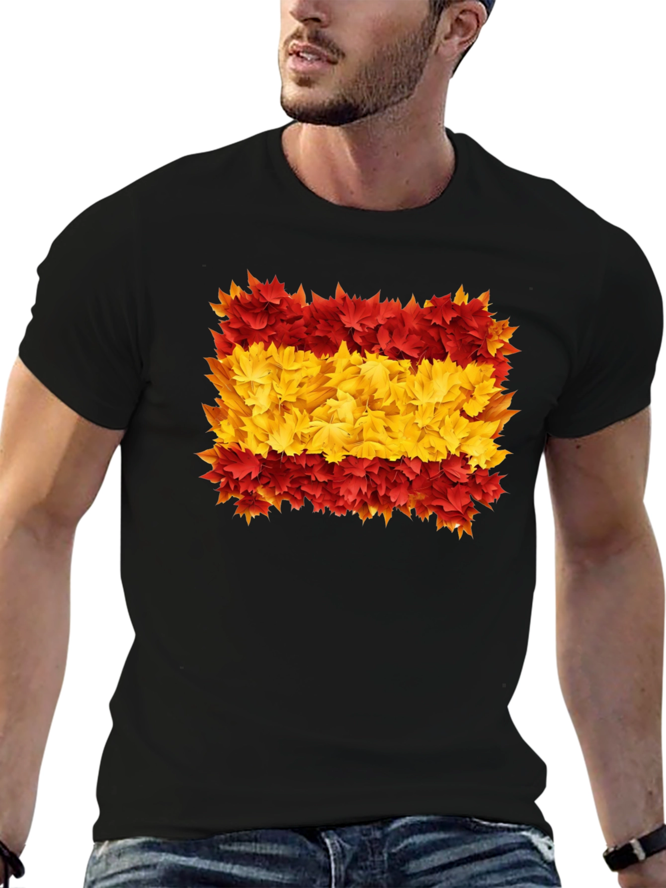 Spain Flag Leaves Mens Black T-Shirt