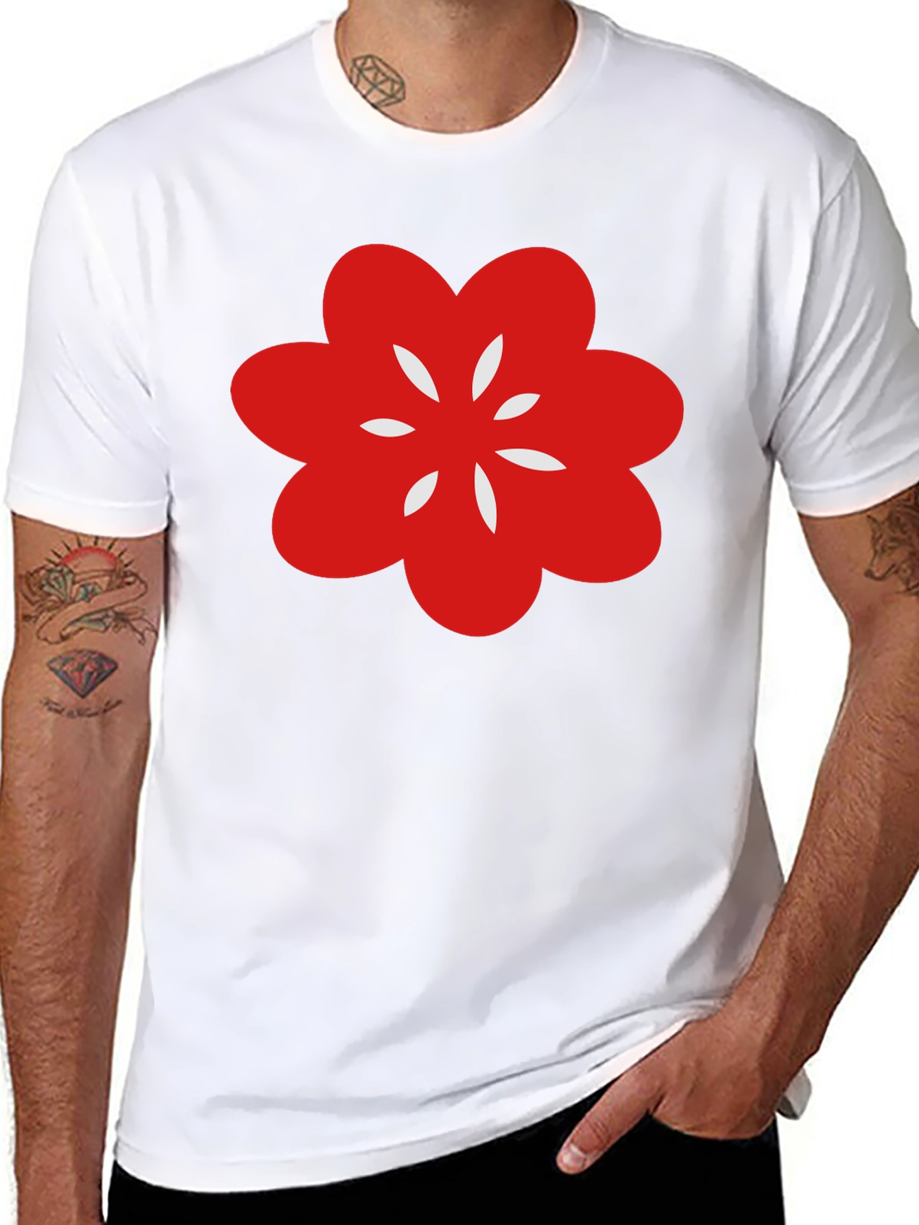 Black T-Shirt with Red Flower Graphic