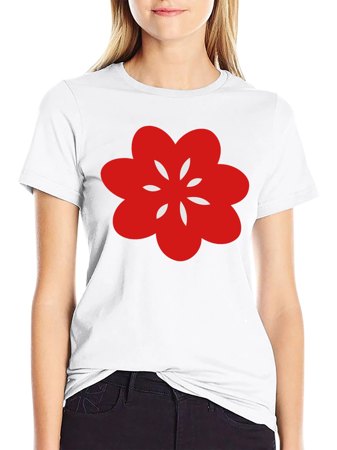 Black T-Shirt with Red Flower Graphic