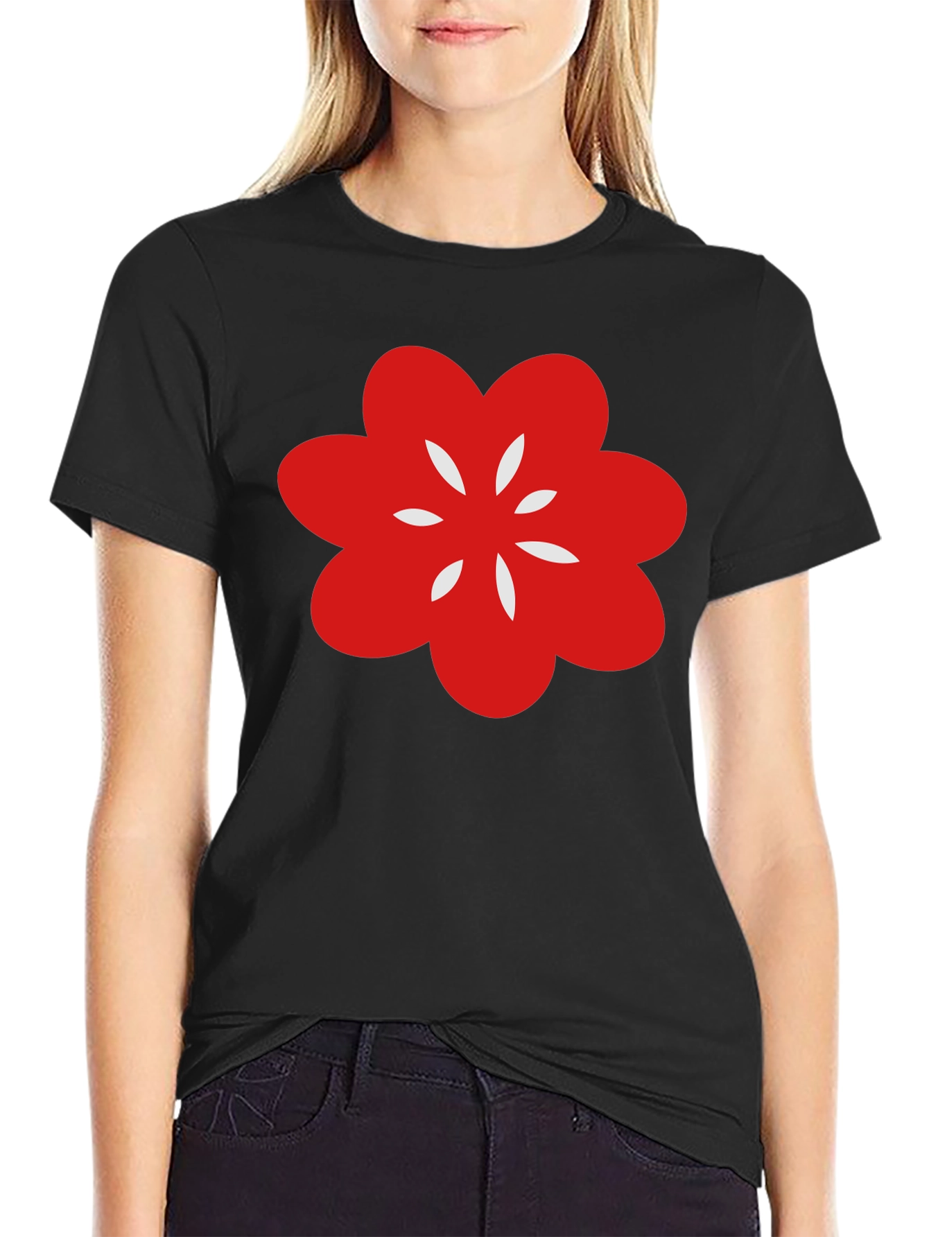 Black T-Shirt with Red Flower Graphic