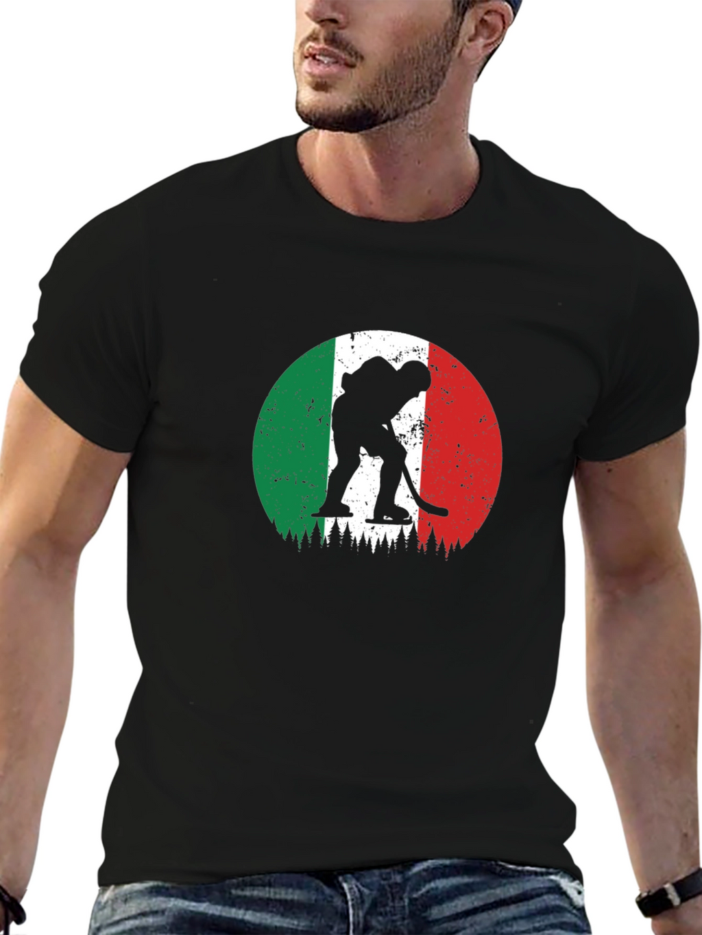 Italy Hockey Flag Graphic Black T-Shirt