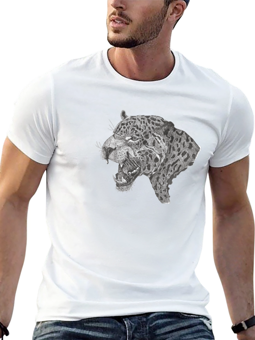 Black T-Shirt with Roaring Leopard Graphic