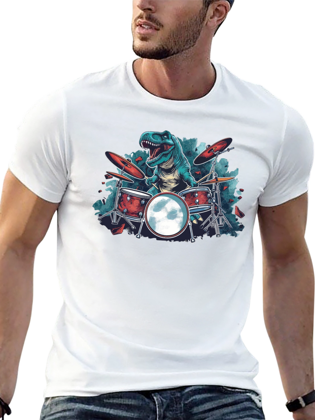Dino Drummer Graphic Tee - Rocking T-Rex