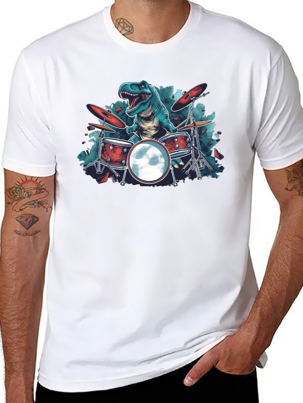 Dino Drummer Graphic Tee - Rocking T-Rex