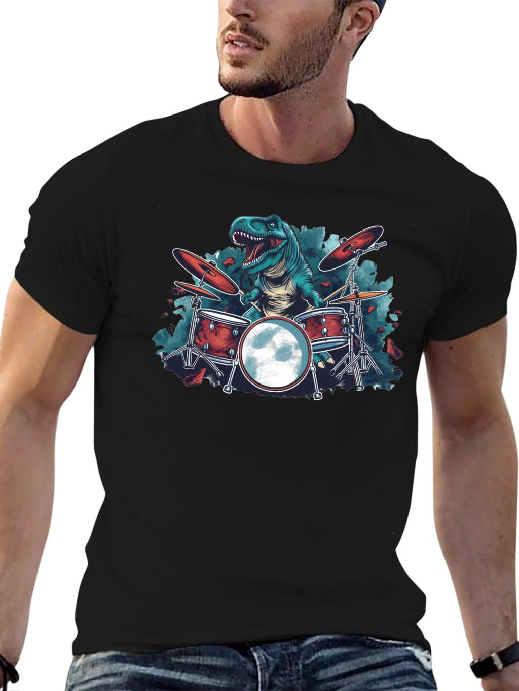 Dino Drummer Graphic Tee - Rocking T-Rex