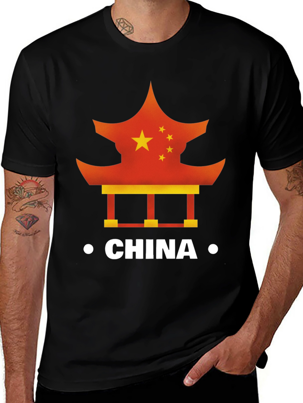 China Flag Pagoda Graphic Tee - Mens Black T-Shirt