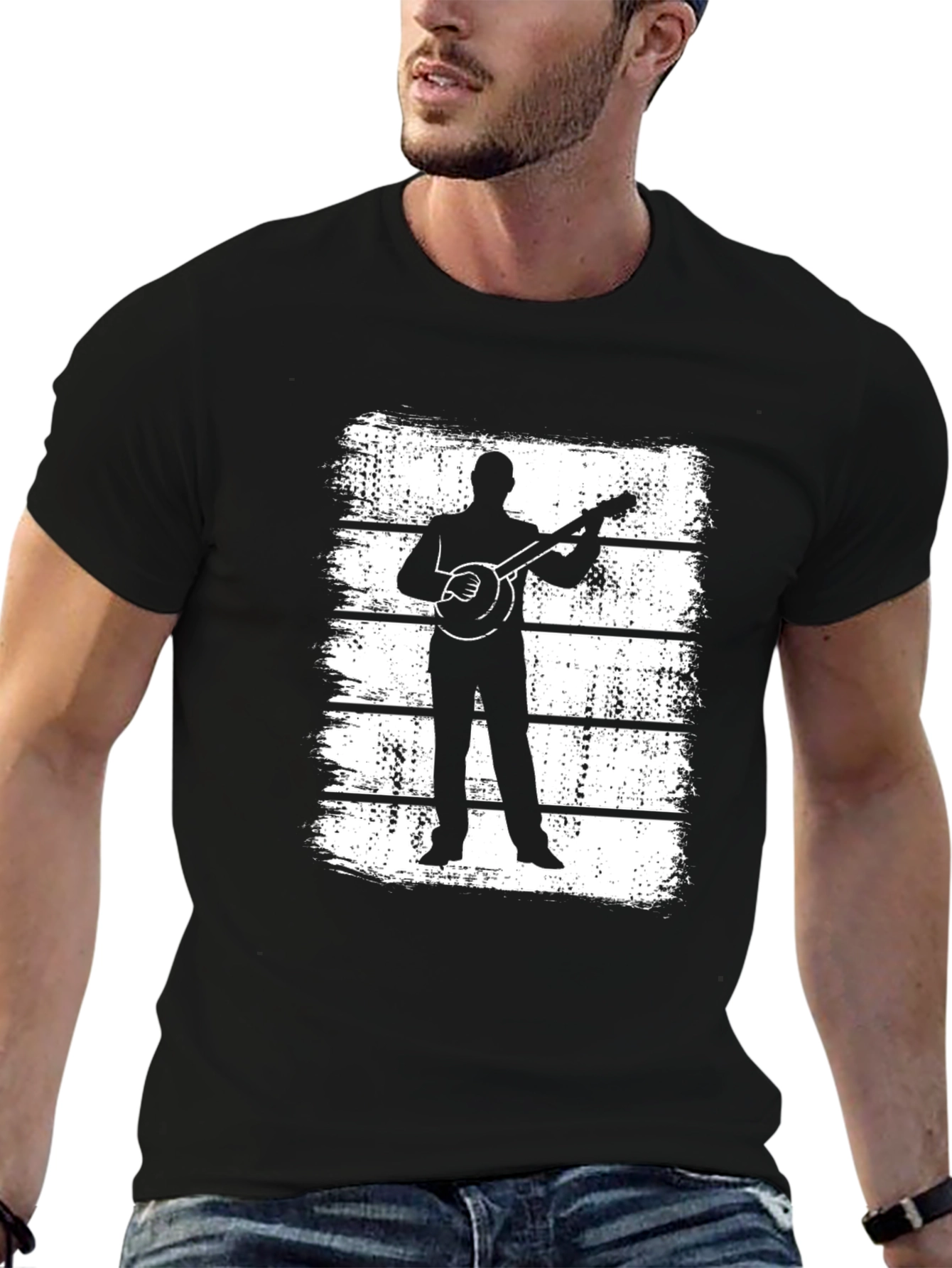Banjo Player Silhouette Graphic Tee - Black
