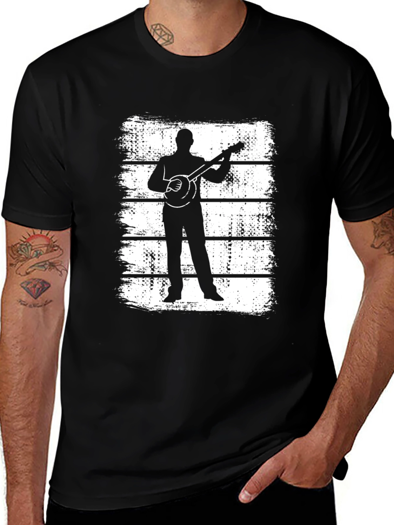 Banjo Player Silhouette Graphic Tee - Black