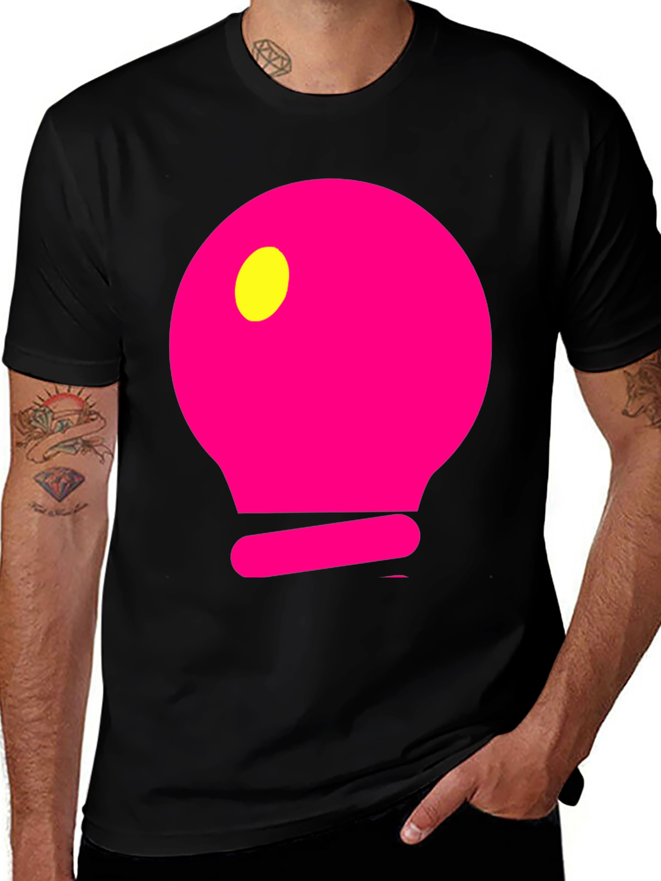 Mens Black T-Shirt with Pink Light Bulb Design