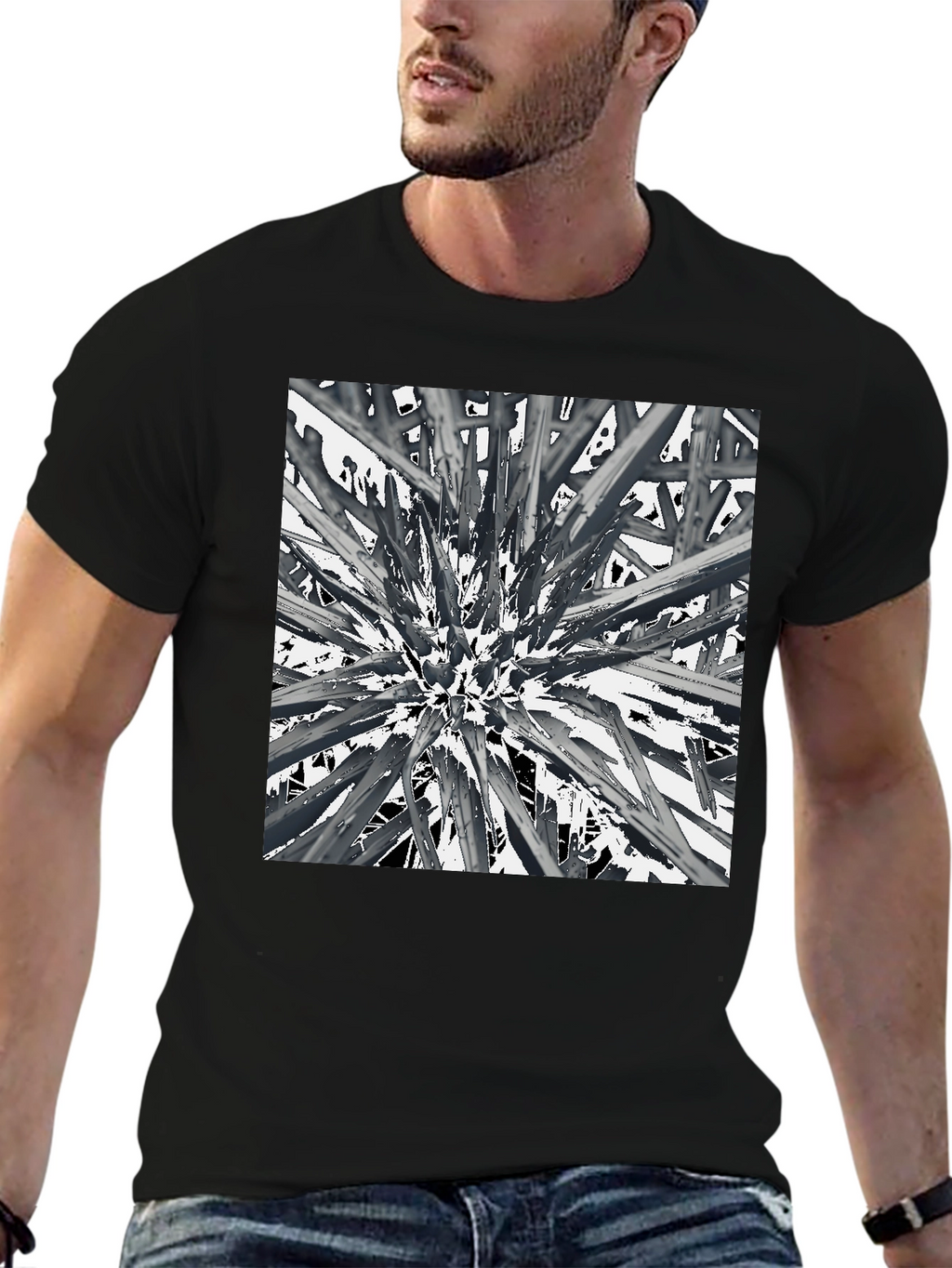Abstract Spike Design Black Graphic Tee - Unique Style
