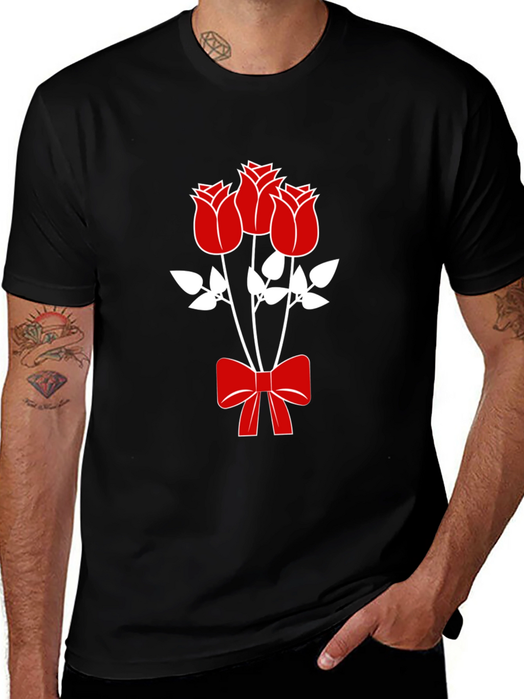 Mens Black Graphic Tee - Roses & Bow