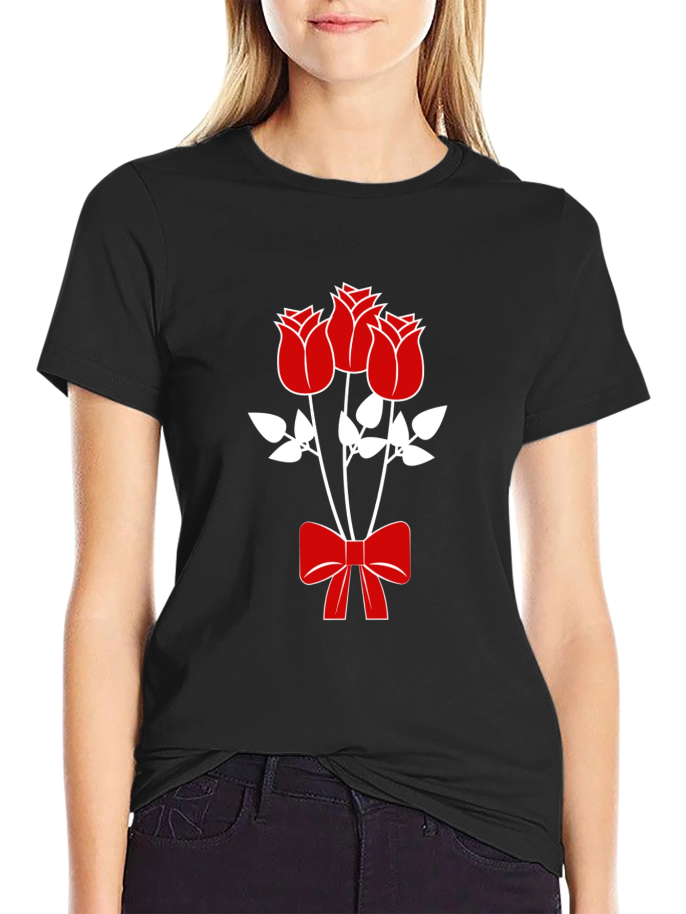 Mens Black Graphic Tee - Roses & Bow