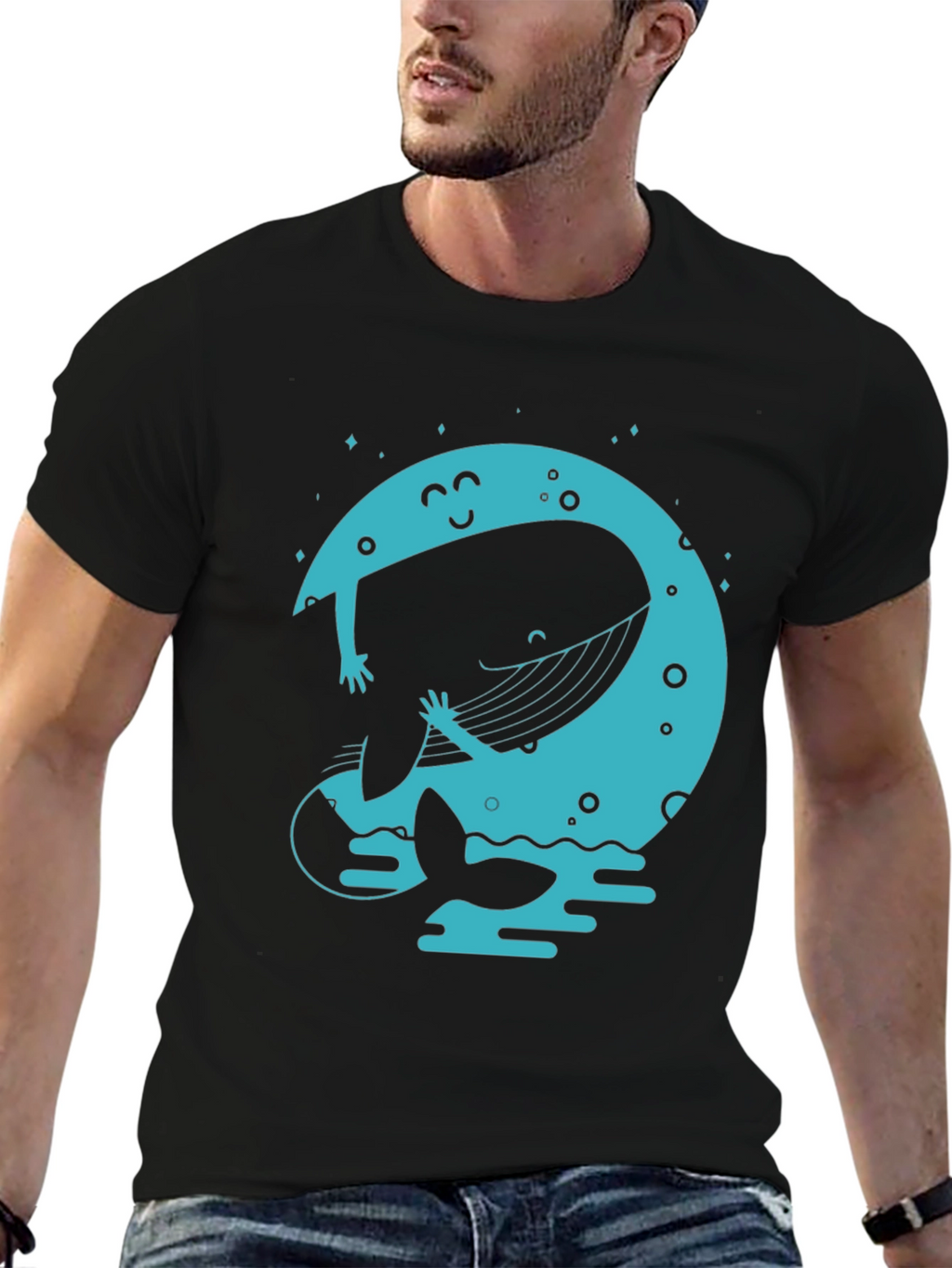 Moon Whale Graphic Tee - Black Cotton Blend