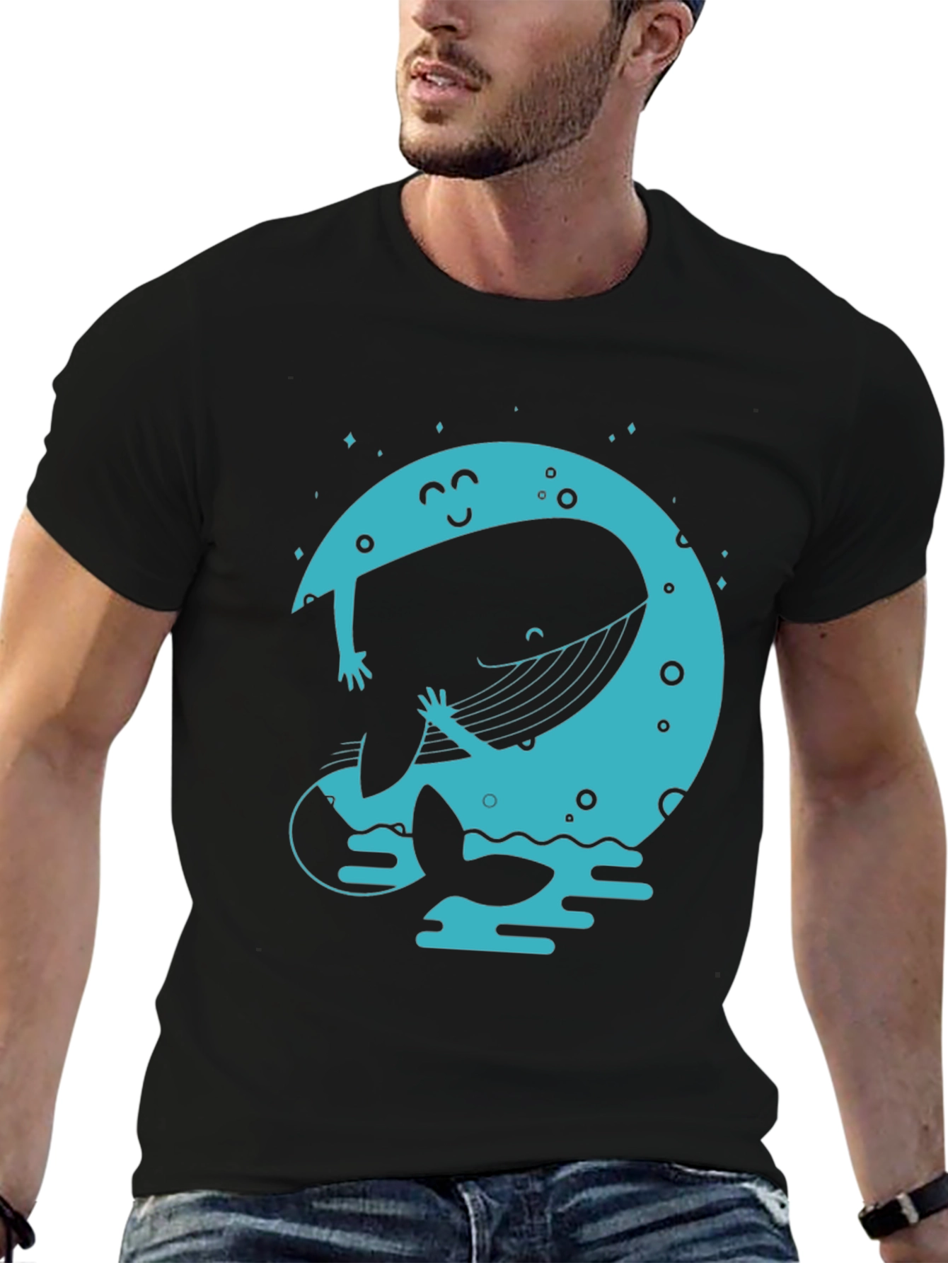 Moon Whale Graphic Tee - Black Cotton Blend