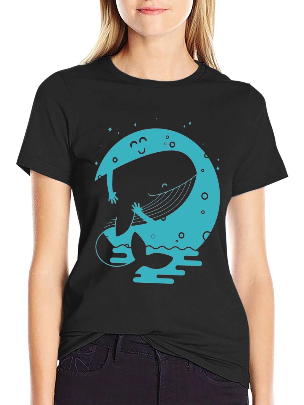 Moon Whale Graphic Tee - Black Cotton Blend