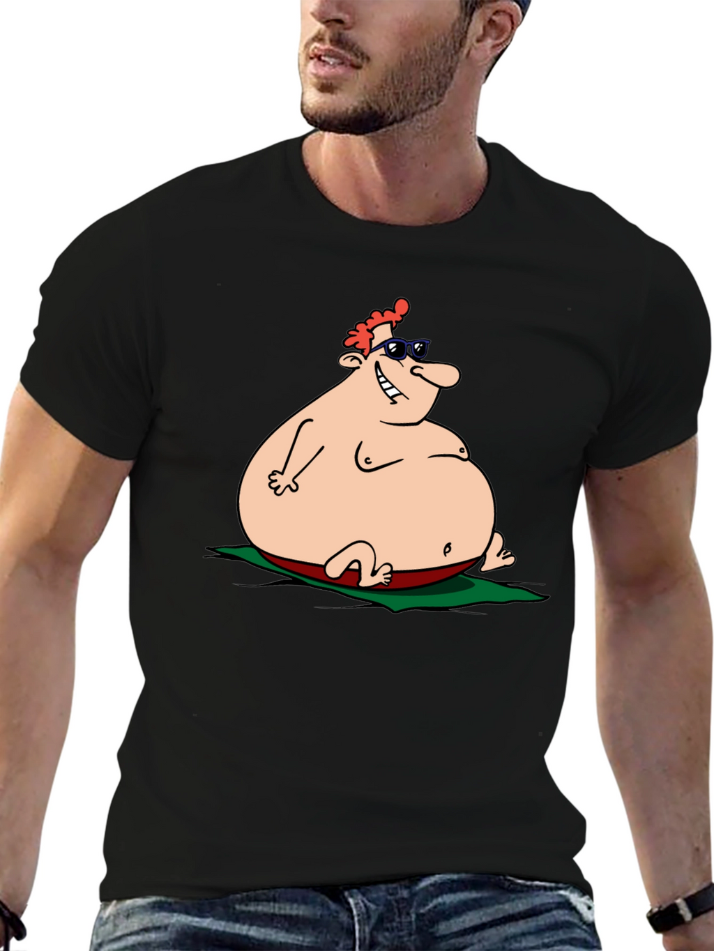 Humorous Cartoon Sunbather Black T-Shirt