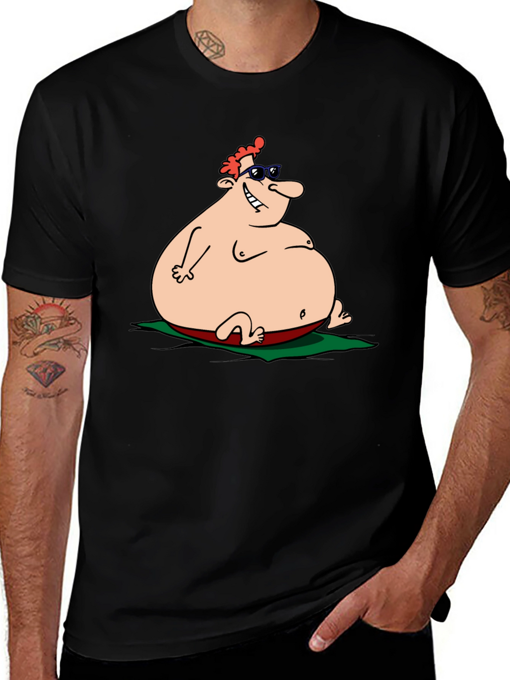 Humorous Cartoon Sunbather Black T-Shirt