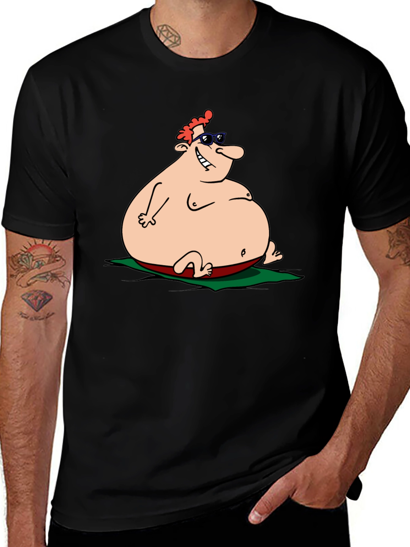 Humorous Cartoon Sunbather Black T-Shirt