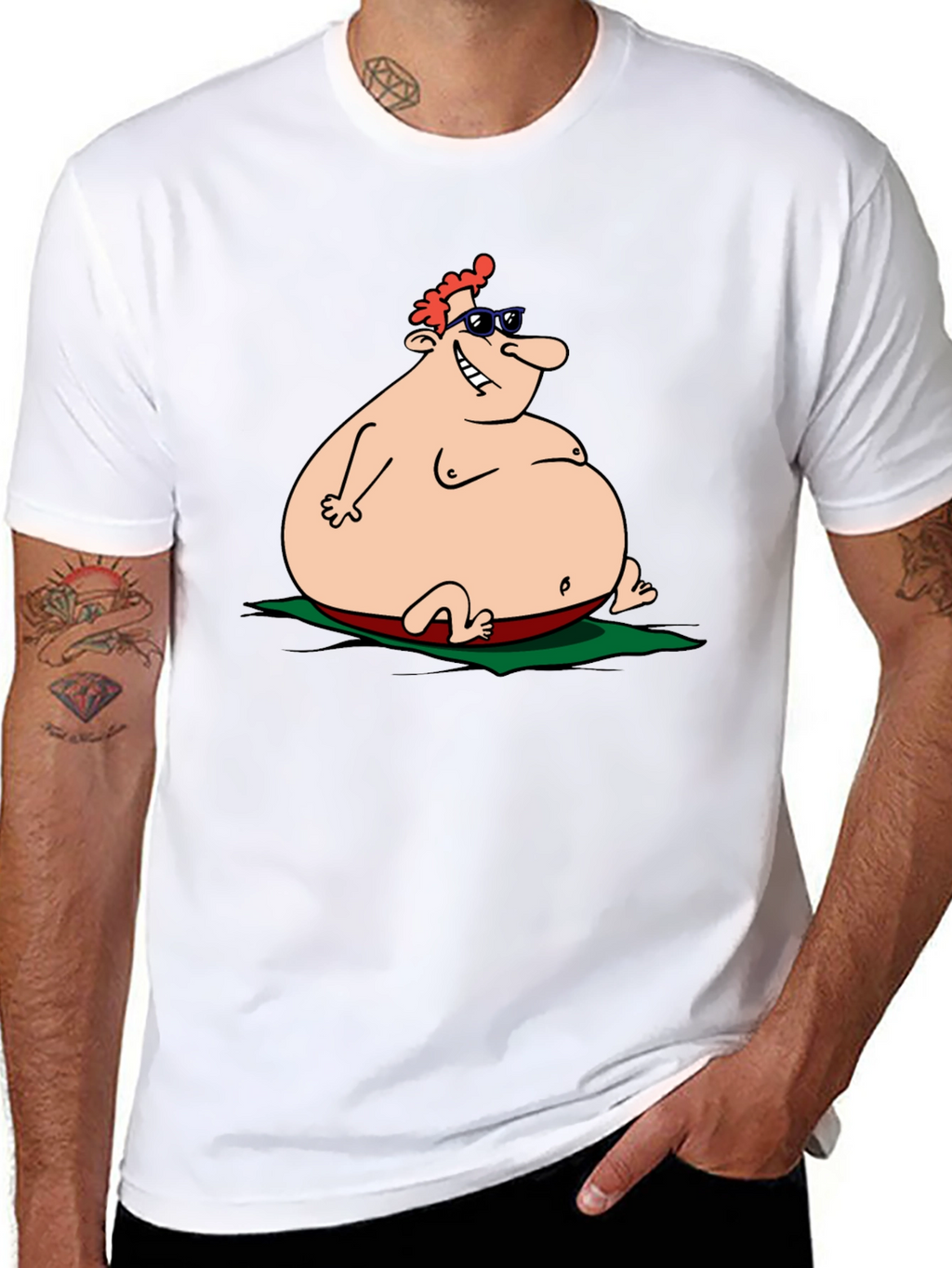 Humorous Cartoon Sunbather Black T-Shirt