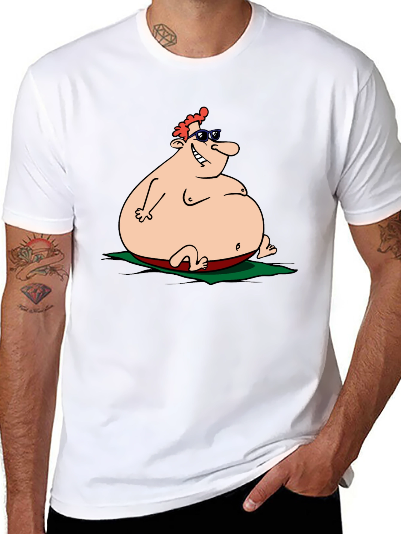 Humorous Cartoon Sunbather Black T-Shirt