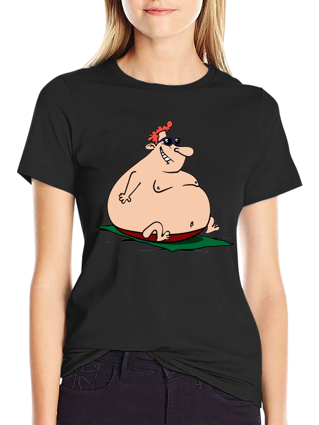 Humorous Cartoon Sunbather Black T-Shirt
