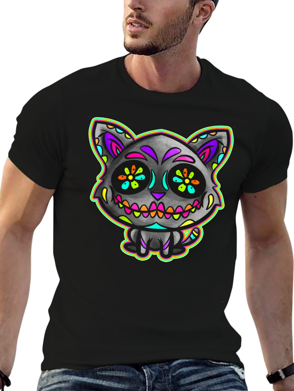 Sugar Skull Cat Mens Black T-Shirt