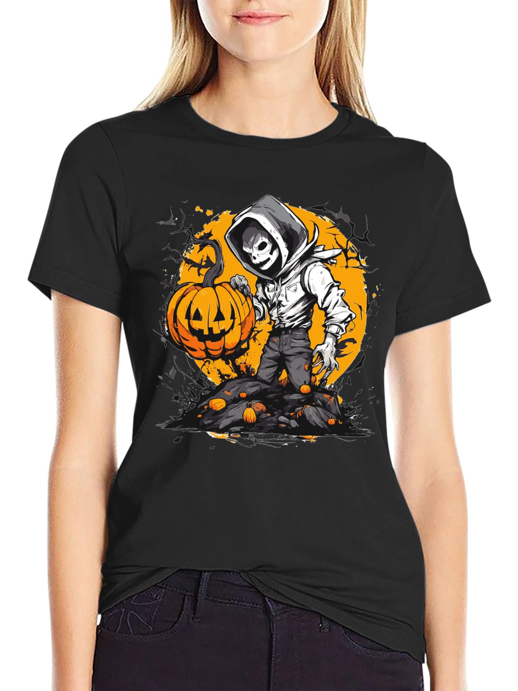 Halloween Pumpkin Skeleton Graphic Tee