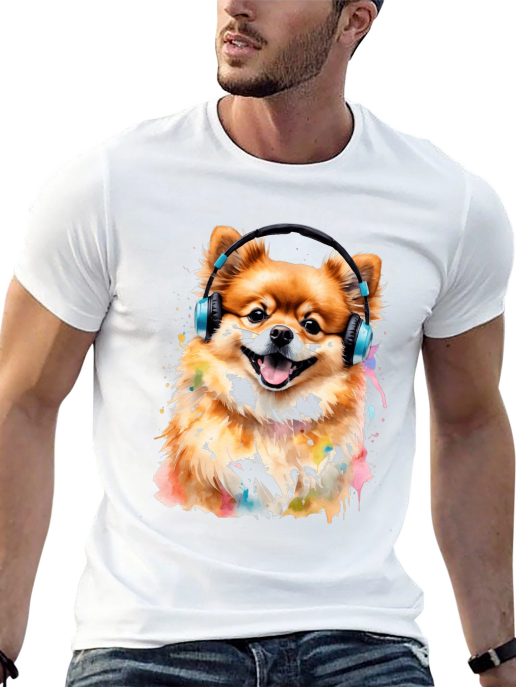 Dog with Headphones Graphic Tee - Black