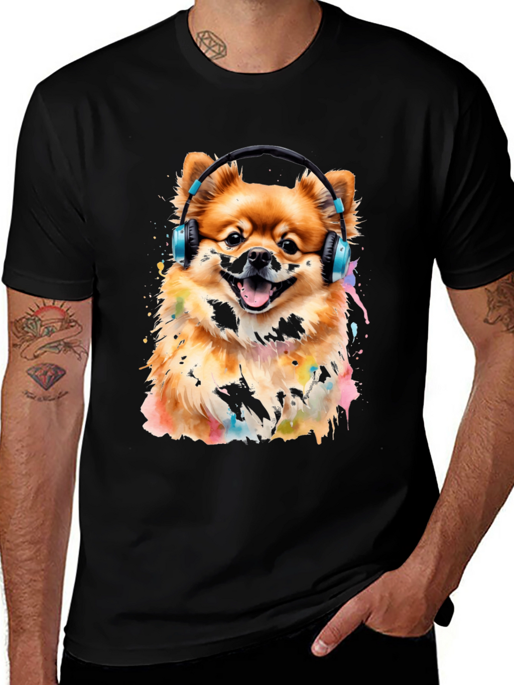 Dog with Headphones Graphic Tee - Black
