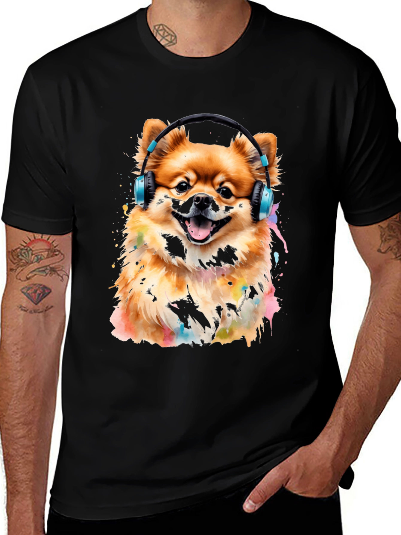 Dog with Headphones Graphic Tee - Black