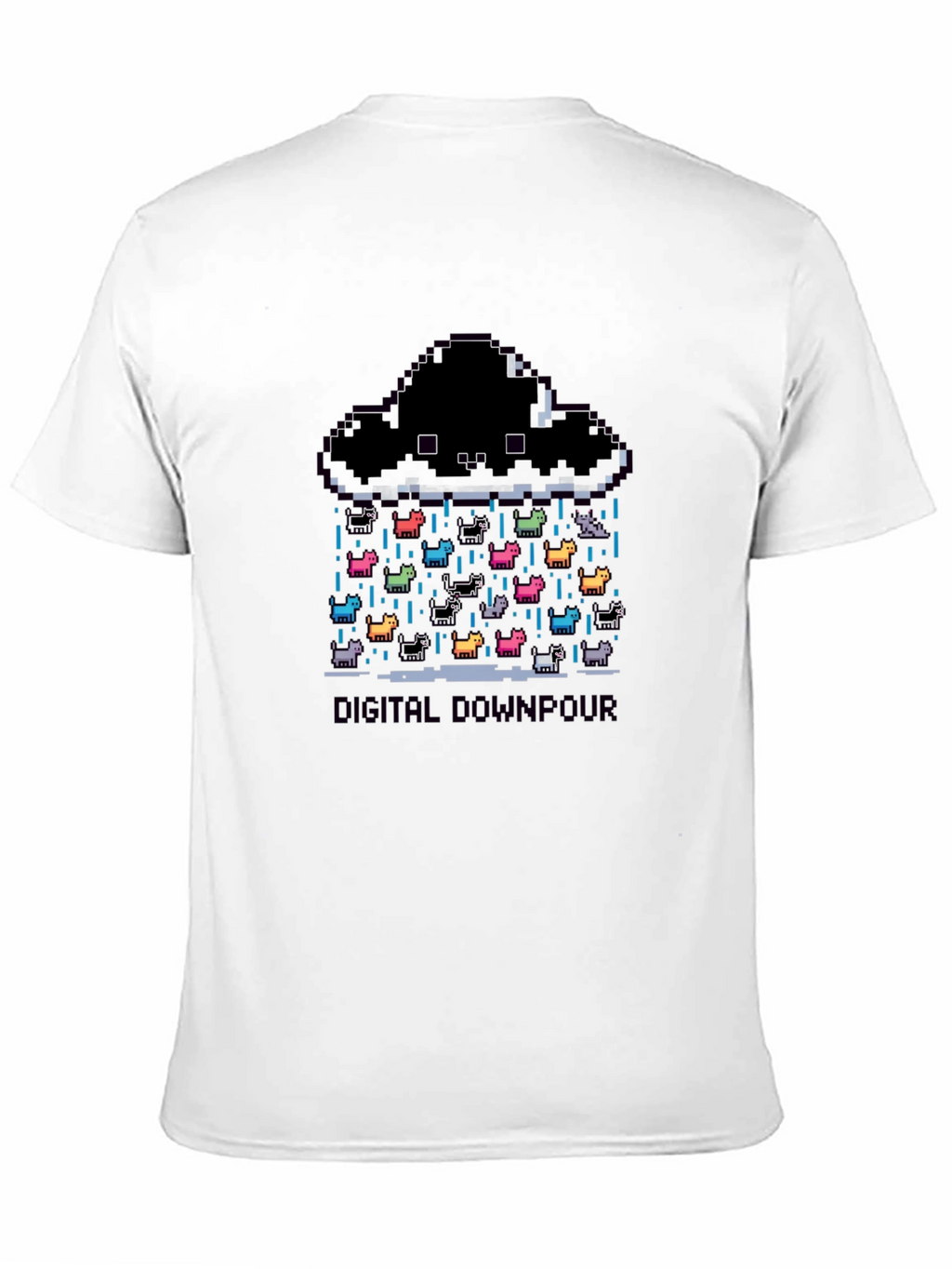 Digital Downpour T-Shirt - Pixel Art Cat Rain