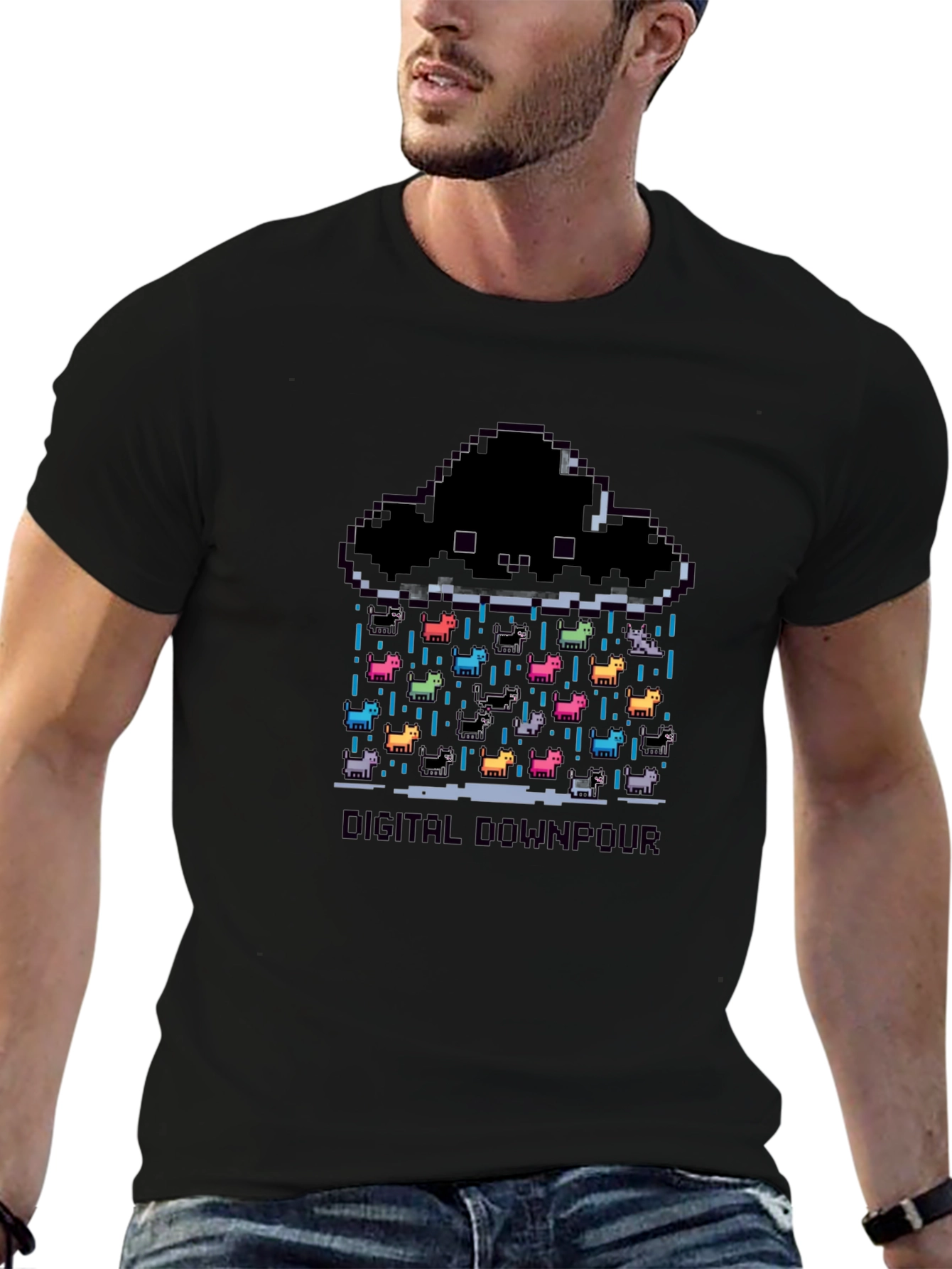 Digital Downpour T-Shirt - Pixel Art Cat Rain