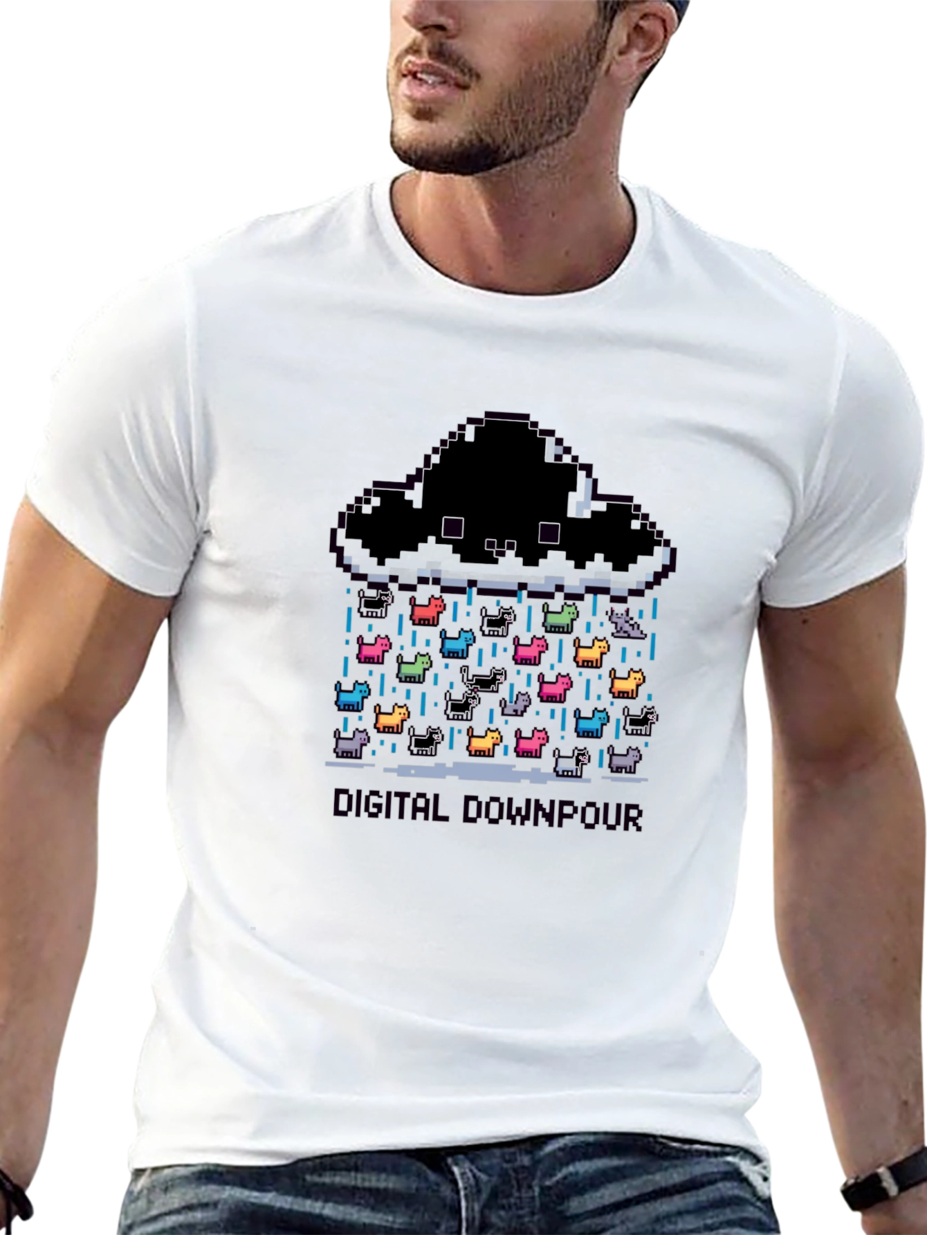 Digital Downpour T-Shirt - Pixel Art Cat Rain