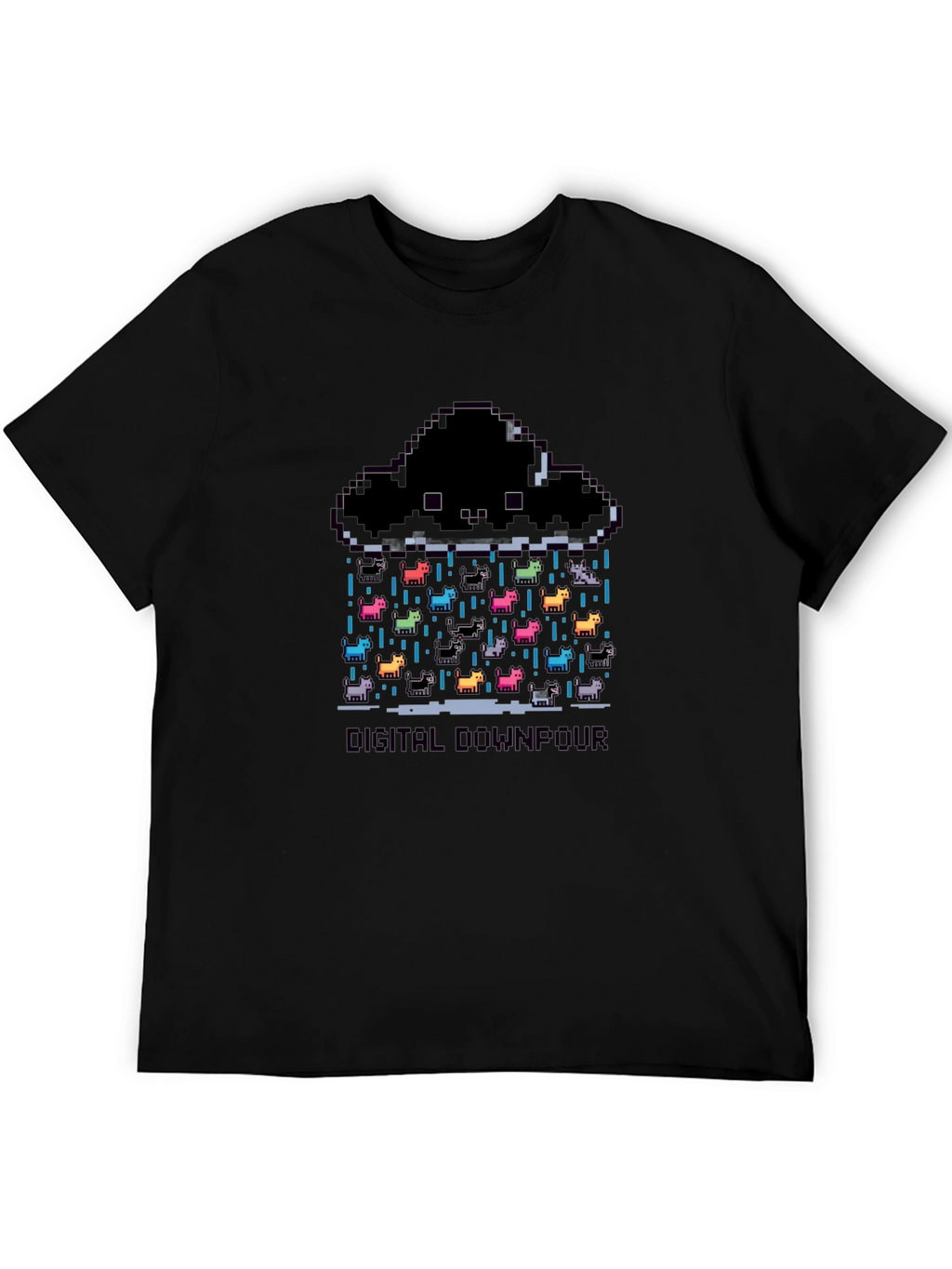 Digital Downpour T-Shirt - Pixel Art Cat Rain