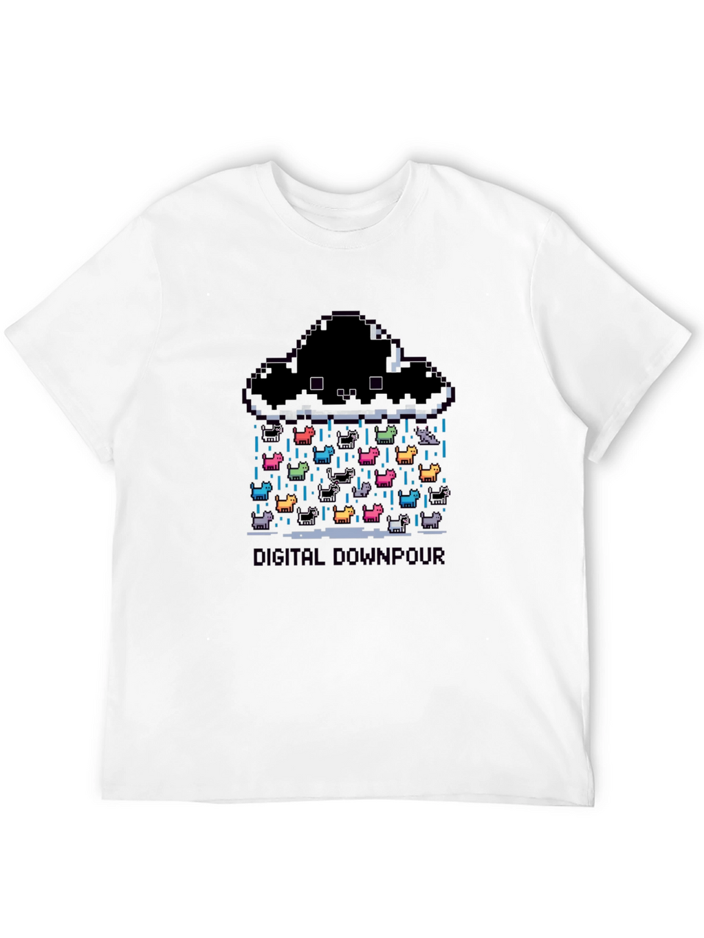 Digital Downpour T-Shirt - Pixel Art Cat Rain