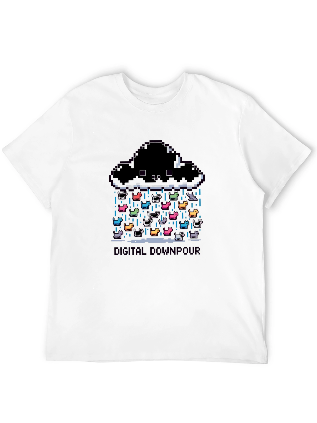 Digital Downpour T-Shirt - Pixel Art Cat Rain