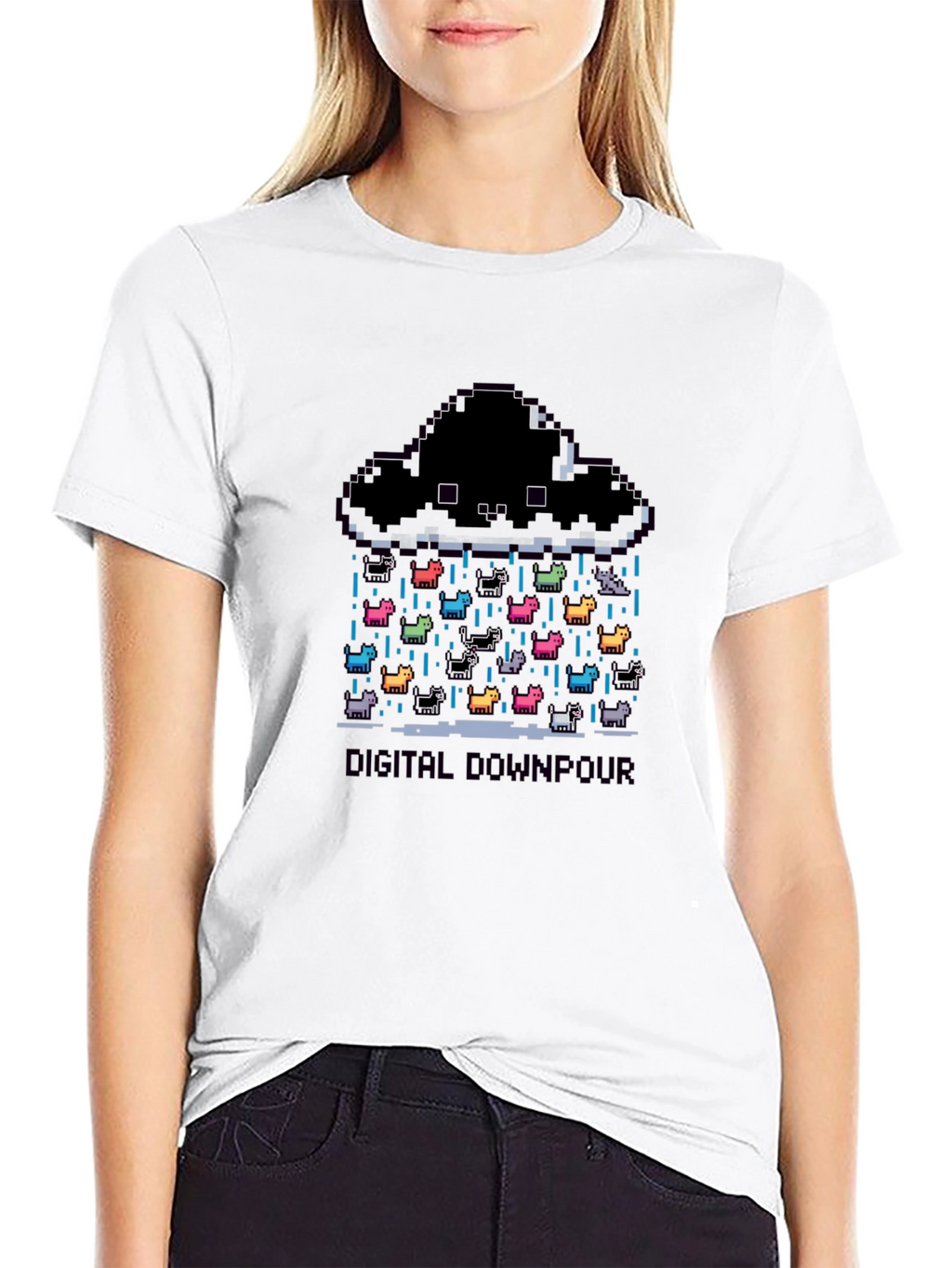 Digital Downpour T-Shirt - Pixel Art Cat Rain