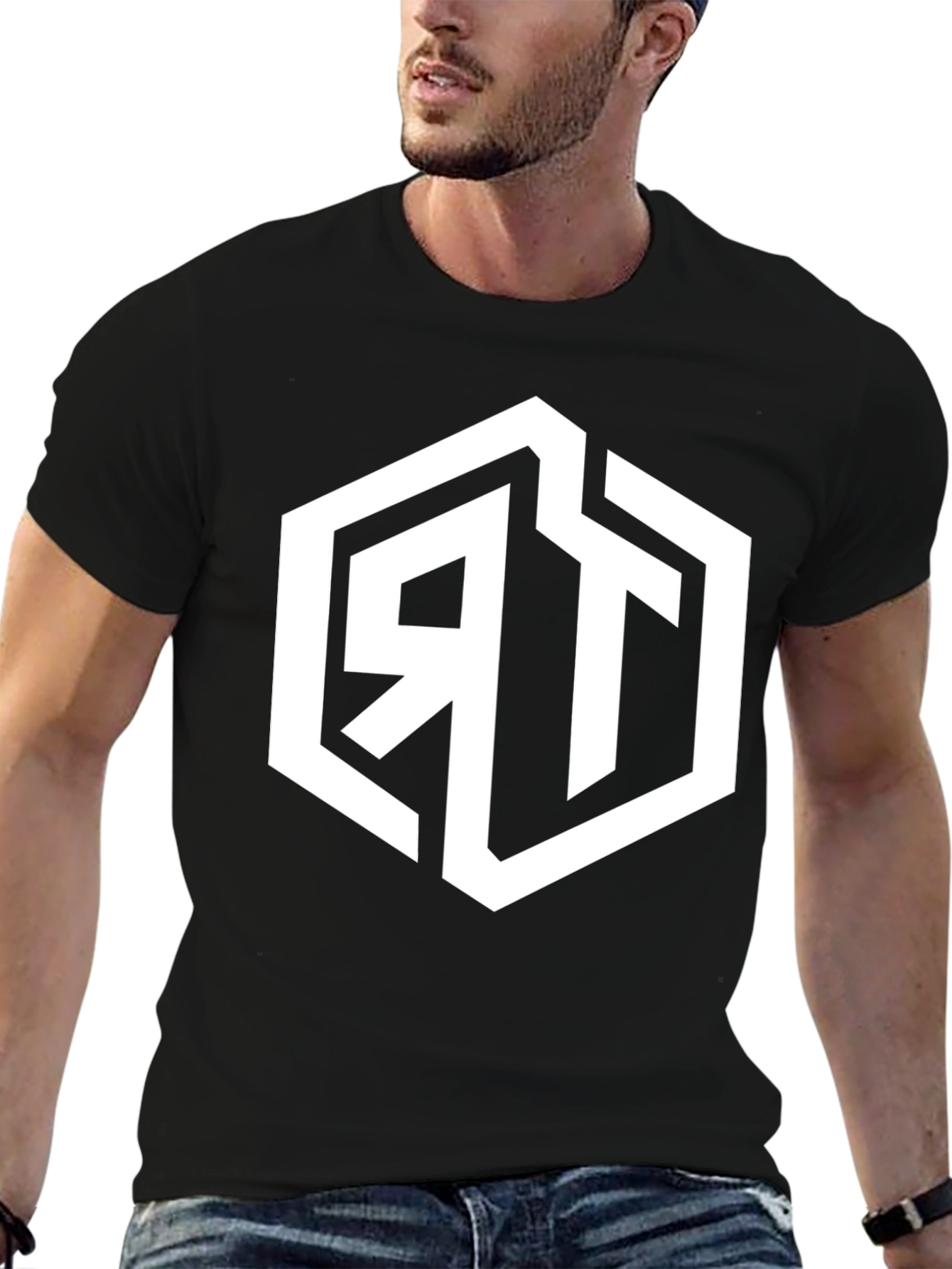 Mens Black Graphic Tee with Geometric RT Logo