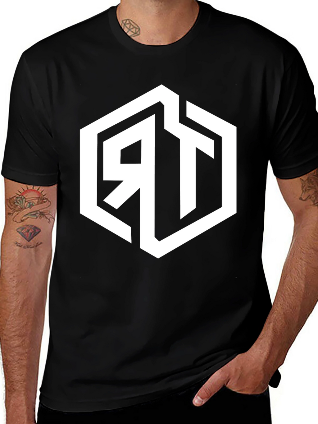 Mens Black Graphic Tee with Geometric RT Logo