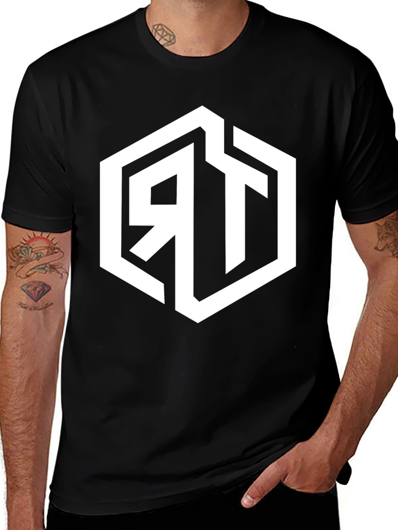 Mens Black Graphic Tee with Geometric RT Logo