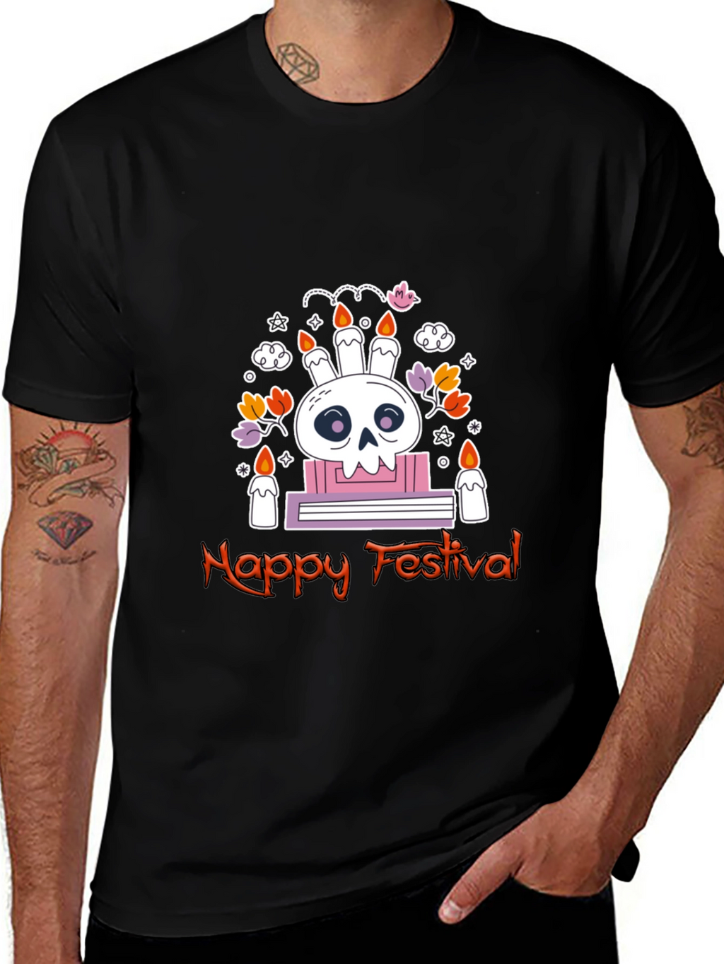 Happy Festival Skull Graphic Tee - Black Cotton