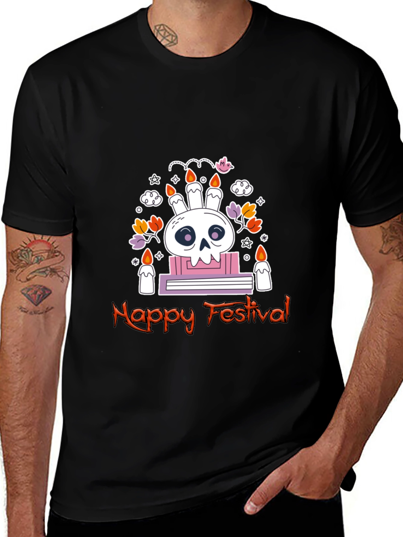 Happy Festival Skull Graphic Tee - Black Cotton