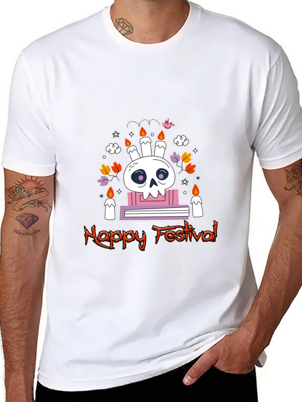 Happy Festival Skull Graphic Tee - Black Cotton